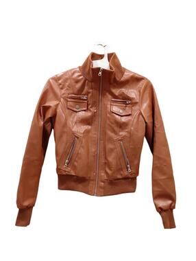 "Miss London" Sz.S, Brown,Faux Leather, Bomber Jacket. A slit in the material.
